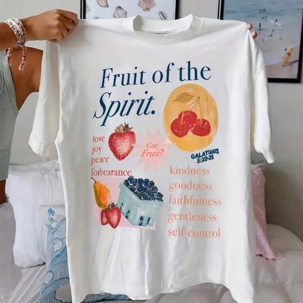 White Graphic Tee with Fruit of the Spirit Design